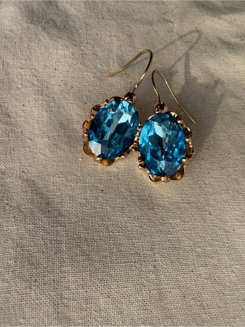 Gold Tone Blue Crystal Oval Drop Earrings Something Blue
